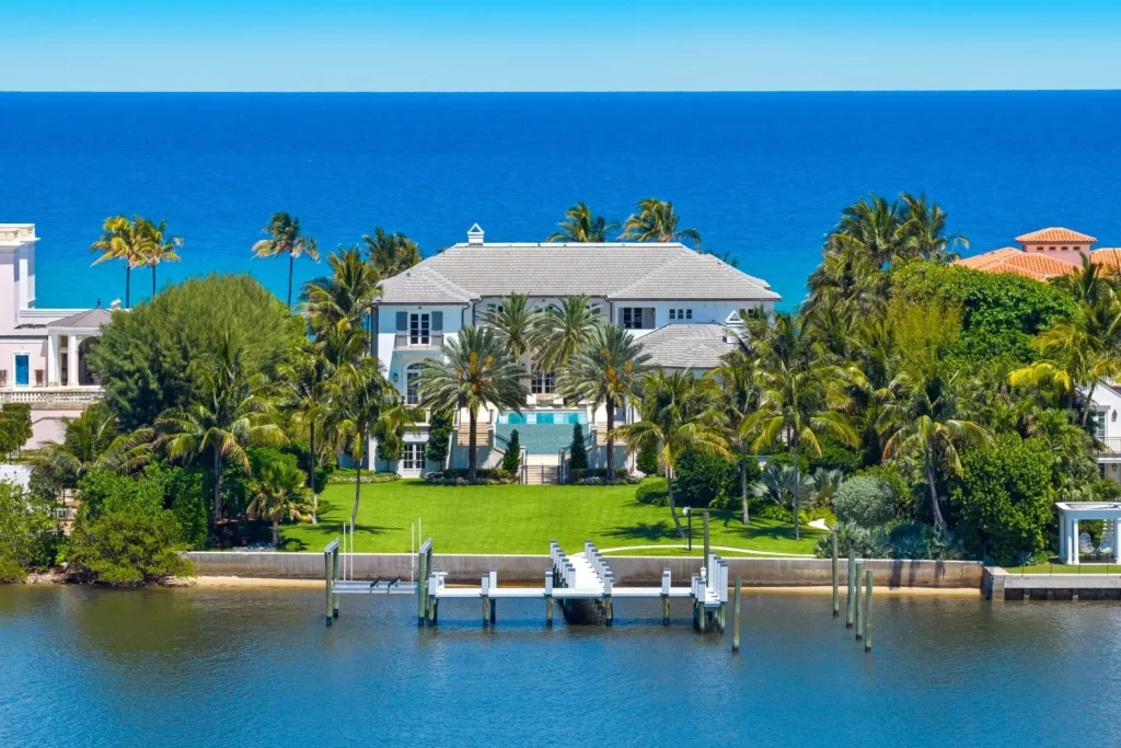 Aerial view of the ocean-to-lake estate at 1616 S. Ocean Boulevard, Palm Beach