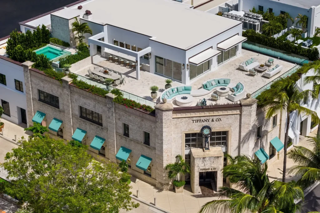 Aerial view of the Tiffany Penthouse on Worth Avenue, Palm Beach